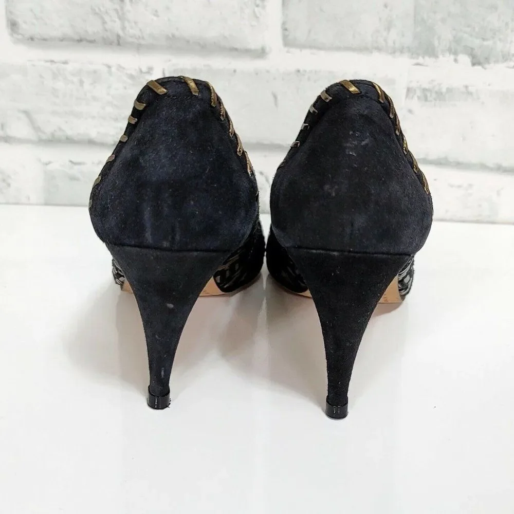 Vintage 90s Donald J Pliner Womens 7.5 Woven Black Gold Pump Heels‎